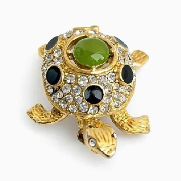 90’s Vintage Gold and Black Turtle Brooch with Crystal Glass jadeite Green Gem - Picture 3 of 6